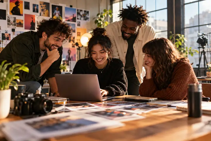 Photographie éditoriale aux couleurs vives d’une équipe créative examinant des idées de contenu autour d’un ordinateur portable dans un studio contemporain.