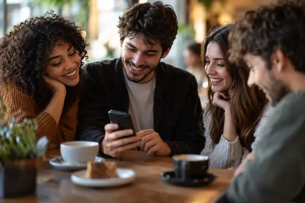 Photographie en gros plan d’amis discutant ensemble des réseaux sociaux dans un café doucement éclairé.