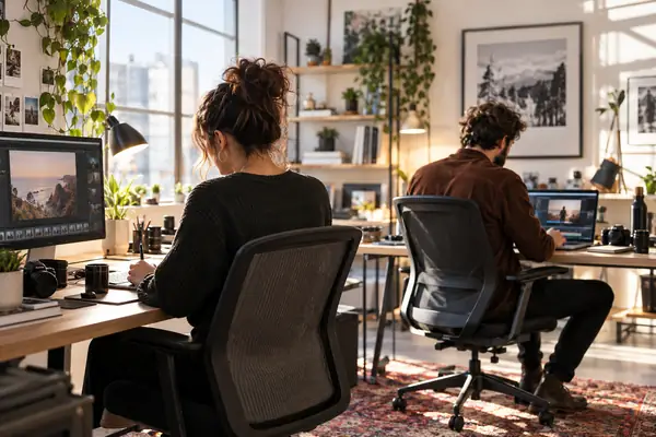 Deux créateurs travaillant à des bureaux voisins dans un studio moderne et lumineux, photographie éditoriale prise sur le vif.
