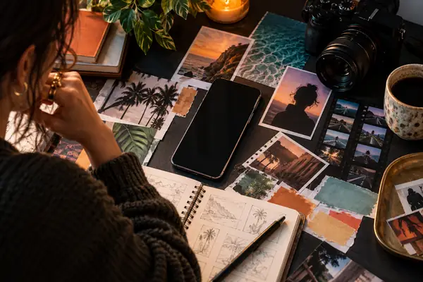 Composition éditoriale colorée réunissant un téléphone, des carnets et des découpages de médias créatifs sur un bureau sombre.