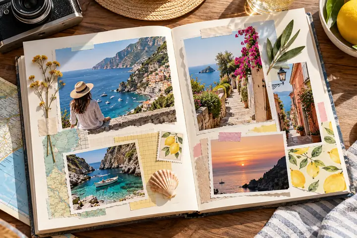 Carnet de voyage éditorial lumineux, composé de photographies côtières et de détails en papier coloré, photographié d’en haut à la douce lumière du jour.